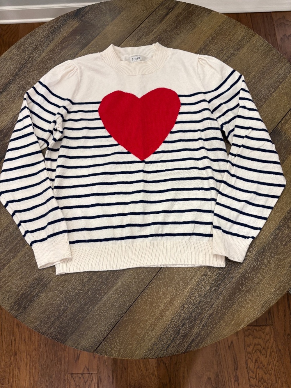 J.Crew Heart Sweater cotton with puff sleeves cream and navy stripes size Medium